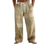 Mens Cotton Linen Trousers Hippie Pants Funny Graphic Patchwork Festival Clothes Light Breathable Summer Beach Jogging Bottoms Baggy Quick-Dry Travel Trackpants Elastic Waist Classic Work Trousers