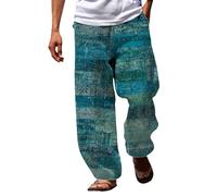 Mens Cotton Linen Trousers - Hippy Patchwork Colorful Color Block Holiday Casual Pants Elastic Waist Beach Yoga Pants with Drawstring Jogging Bottoms Streetwear Work Walking Trousers Blue