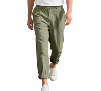 Men's Cotton Linen Trousers Motorcycle Mens Comfy Black Casual Solid Color Drawstring Elastic Waist with Pockets Grey Joggers Skinny (Army Green, L)
