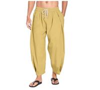 Men's Cotton Linen Trousers White Men Mens Baggy Joggers Bottoms Lounge Solid Color Drawstring Elastic Waist Harem Pants with Pockets Hot Pink (Yellow, M)