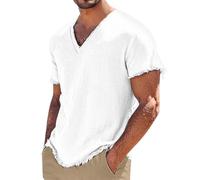 Men's Cotton Linen V Neck Short Sleeve Shirts Moisture-Wicking Breatable Beach Vacation Hippie Tops Classic Summer Lightweight Retro T-Shirts Running Traveling Camping Outdoor Sports Tees White