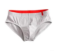 Men's Cotton Mid Waist Briefs Striped Underpants with U Convex Pouch for Daily Comfort (2XL Gray)