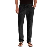 Mens Cotton Pants Casual Elastic Waist Drawstring Lightweight Summer Beach Loose Trousers with Pockets Straight Leg Button Fly Slacks Black