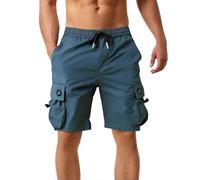 Mens Cotton Shorts Cargo Combat Casual Elastic Waist Shorts with Multi Pockets Summer Workwear Loose and Comfortable Pants for Running and Working (Blue, XL)