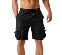 Mens Cotton Shorts Cargo Combat Casual Elastic Waist Shorts with Multi Pockets Summer Workwear Loose and Comfortable Pants for Running and Working (Black, L)