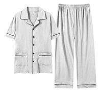 Men's Cotton Sleepwear Button Down Pajamas Set Summer Short Sleeve Shirt and Pant PJs Sets 2 Piece Loungewear (Light Grey,3XL)