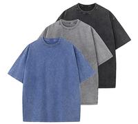 Men's Cotton T-Shirts Oversized Unisex Short Sleeves Casual Loose Wash Solid Basic Tee Tops, A-Blue+Grey+Black, XL