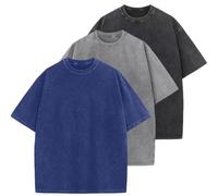 Men's Cotton T-Shirts Oversized Unisex Short Sleeves Casual Loose Wash Solid Basic Tee Tops, A-Blue+Grey+Black, Medium