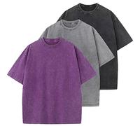Men's Cotton T-Shirts Oversized Unisex Short Sleeves Casual Loose Wash Solid Basic Tee Tops, A-purple+grey+black, Medium