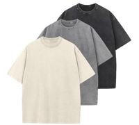 Men's Cotton T-Shirts Oversized Unisex Short Sleeves Casual Loose Wash Solid Basic Tee Tops, Beige+Black+Grey, 3XL