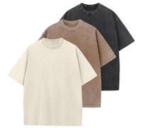 Men's Cotton T-Shirts Oversized Unisex Short Sleeves Casual Loose Wash Solid Basic Tee Tops, Beige+coffe+black, M