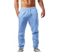 Men's Cotton Trousers - Loose Fit Mens Comfortable and Breathable Drawstring Trousers | Mens Fashionable Solid Yoga Pants | Summer Lightweight Beach Vacation Casual Pants with Pocket Sky Blue