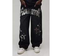 Men's Cow Applique Relaxed Fit Jeans | Washed Black | Size 34R | BOOHOOMAN