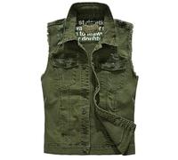 Men's Cowboy Gilet Waistcoat Fashion Racing Denim Vest Retro Ripped Punk Style Sleeveless Jean Jacket Green