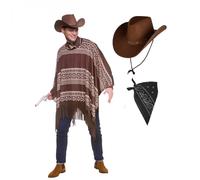 Mens Cowboy Poncho + Dark Brown Texan Hat + Black Bandana Wild West Fancy Dress
