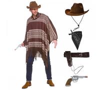 Mens Cowboy Poncho + Suede Hat + Bandana + Holster + Plastic Gun Fancy Dress