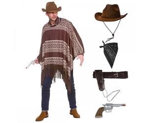 Mens Cowboy Poncho + Suede Hat + Bandana + Holster + Plastic Gun Fancy Dress
