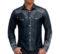 Mens Cowboy Shirt Western Shirts for Men Overshirt Check Men's Long Sleeve Pearl Snap Rhinestone Cut Embroidered Casual Button Down Denim Navy-1 M