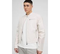 Mens Cream Boxy Homme PU Biker Jacket, Cream M