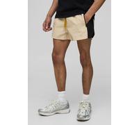 Mens Cream Elasticated Waist Crinkle Nylon Embroidery Fighter Shorts, Cream XS