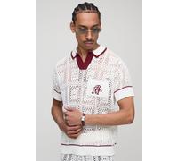 Mens Cream Man Embroidered Boxy Fit Crochet Square Knitted Polo, Cream XL