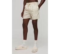 Mens Cream Mid Length Tonal Tropical Print Swim Shorts, Cream M