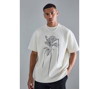 Mens Cream Oversized Floral Line Drawing Scuba T-shirt, Cream M