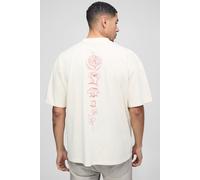 Mens Cream Oversized Heavyweight Extended Neck Line Drawn Floral Graphic T-Shirt, Cream L