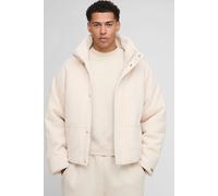 Mens Cream Oversized Mini Knitted Textured Detachable Hooded Puffer Jacket, Cream S