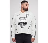 Mens Cream Plus Oversized Boxy Moto Jacquard Knitted Long Sleeve T-Shirt, Cream 4XL