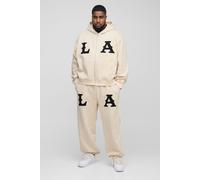 Mens Cream Plus Oversized Boxy Zip Thru LA Applique Stripe Tracksuit, Cream XXL