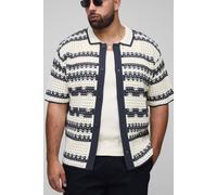 Mens Cream Plus Stripe Crochet Regular Fit Shirt, Cream 3XL