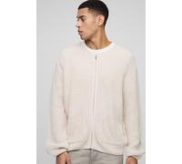 Mens Cream Regular Fit Ribbed Zip Through Collarless Knitted Cardigan, Cream XS