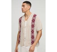 Mens Cream Relaxed Fit Crochet Look Border Stripe Knitted Shirt, Cream XS