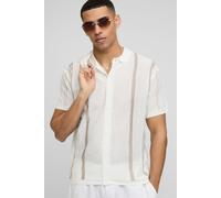 Mens Cream Relaxed Fit Open Stitch Border Stripe Knitted Shirt, Cream M