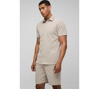 Mens Cream Slim Short Sleeve Collared Shirt & Comfort Pintuck Short, Cream M