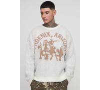 Mens Cream Tall Brushed Embroidered Western Oversized Jumper, Cream L