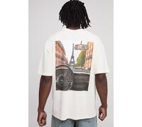 Mens Cream Tall Oversized Man Paris Vintage Car Print T-Shirt, Cream M