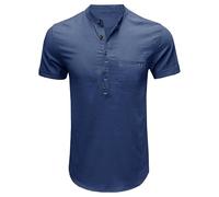 Men's Crew Neck Short Sleeve Stylish T-Shirts Front Placket Linen Summer Tops Pocket Henley Solid Tees, Dark Blue, S