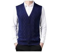 Mens Crochet Waistcoat Full Front Button Closure With Front Pockets V Neck Knitted Sleevless Top Slipover Gilet Casual Knitwear Autumn Winter Navy S