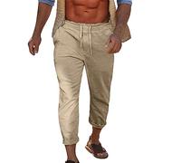 Mens Cropped Capri Trousers Cotton Linen Casual Pants Lightweight Summmer Holiday Beach Yoga Pants Loose Straight Leg Stretch Drawstring Jogger Sweatpants Walking Trousers for Men UK Khaki