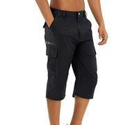 Men's Cropped Cargo Trousers 3/4 Length Belt Loops Waist with Utility Multi Pockets Lightweight Versatile Pants for Summer Holiday Casual Hiking Wear (Black, L)