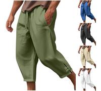 Mens Cropped Trouser UK Clearance 3/4 Linen Capri Pants Drawstring Pant Elastic Waist Casual Trousers Jogger Sweatpant Loose Baggy Pant Summer Beach Shorts Fishing Quick Dry Stretch Travel Pants