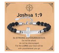 Men's Cross Bracelet, Stainless Steel Lava Stone Beads, Joshua 1:9 Gift Card, Adjustable 7.9-8.9 Inch Mens Spiritual Jewellery, Purification & Courage Gift for Him Easter Catholic Christian God Jesus