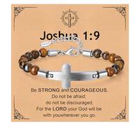Men's Cross Bracelet, Stainless Steel Tiger Eye Beads, Joshua 1:9 Gift Card, Adjustable 7.7-8.5 Inch Courage Jewellery for Men, Spiritual Energy Gift for Him Easter Catholic Christian God Jesus