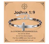 Men's Cross Bracet, Stainless Steel with Coconut Wood Beads, Joshua 1:9 Gift Card, Adjustable 7.9-8.9 Inch Religious Jewellery for Men, Spiritual Gift for Him Easter Catholic Christian God Jesus