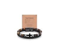 Mens Cross Christian Religious Bracelet - Bracelet Philippians 4:13 Triple Protection Hematite Tiger Eye Bead Leather Stainless Steel Jewellery Gift Men Son Dad Bracelet Easter Catholic God Jesus