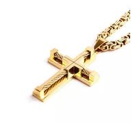 Mens Cross Necklace Stainless Steel Christian Cross Pendant Byzantine Chain 24''-Gold