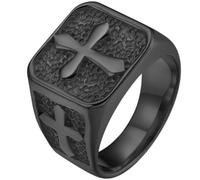 Mens Cross Ring Hammered Texture Stainless Steel Square Signet Band | Raised petal cross, Hammered square top, Side cross cutout, 14g solid weight, 3 finishes, Smooth inner wall