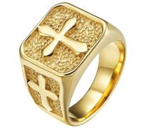 Mens Cross Ring Hammered Texture Stainless Steel Square Signet Band | Raised petal cross, Hammered square top, Side cross cutout, 14g solid weight, 3 finishes, Smooth inner wall